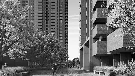 Residential towers with landscaped walkway